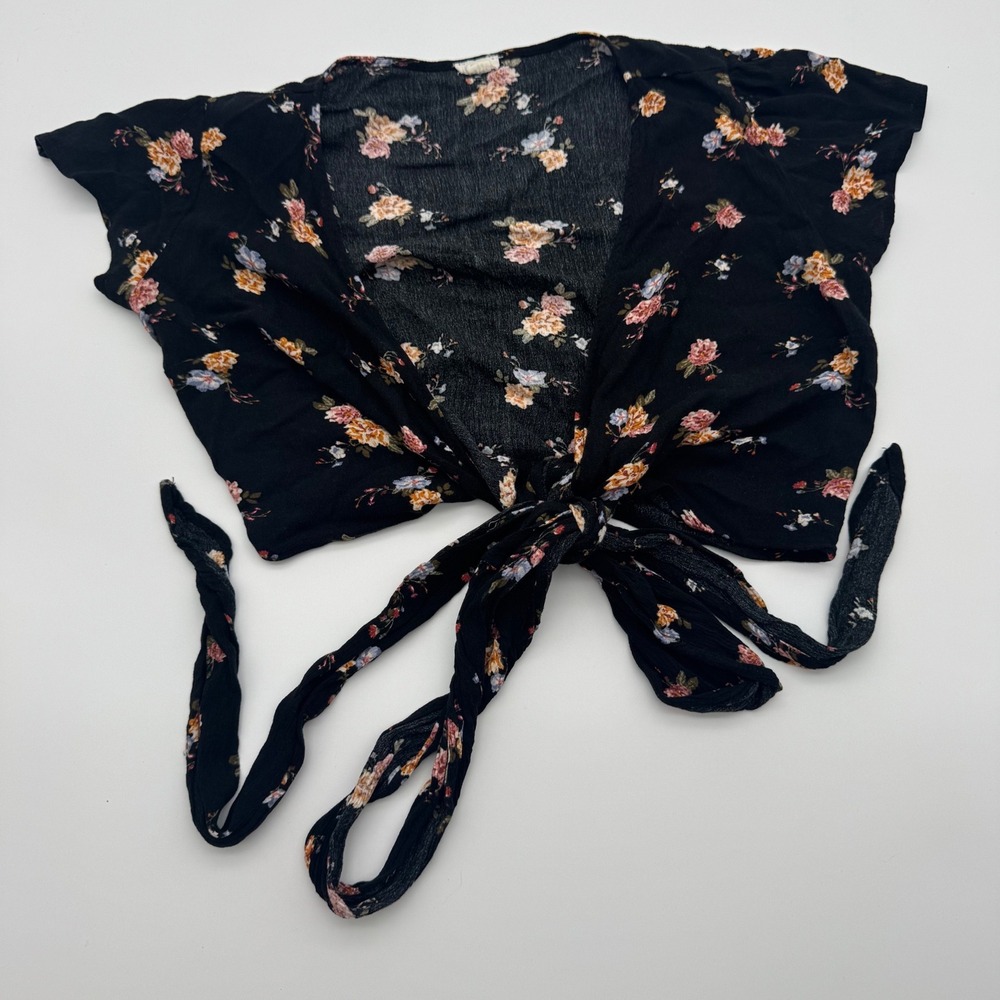Garage Sexy Floral Tie Front Crop Top Black Short Sleeve Boho Blouse‎ Size M